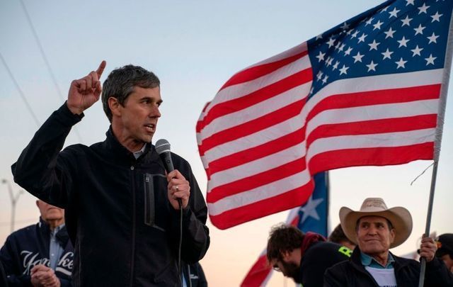 Former Texas Congressman Beto O\'Rourke speaks to a crowd of marchers during the anti-Trump \'March for Truth\' in El Paso, Texas, on February 11, 2019.\n