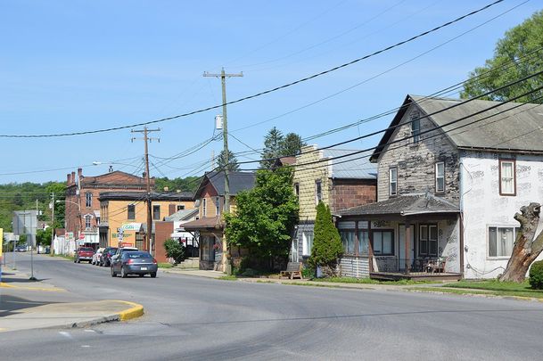 Buildings on the northern side of Bald Eagle Street (Pennsylvania Route 58), seen looking west from the Colerain Street intersection, in Sligo, Pennsylvania