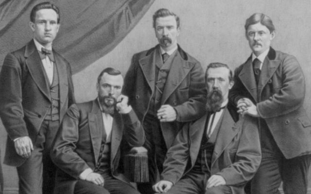 John Devoy (far left), standing, Charles Underwood O\'Connell, (second from left) seated, Harry Mulleda (center), standing, Jeremiah O\'Donovan Rossa, (second from right) seated, and John McClure (far right) standing, the five Irish Fenian prisoners who under general amnesty were released by the British to America in 1871, and were shipped together aboard the Cuba. 