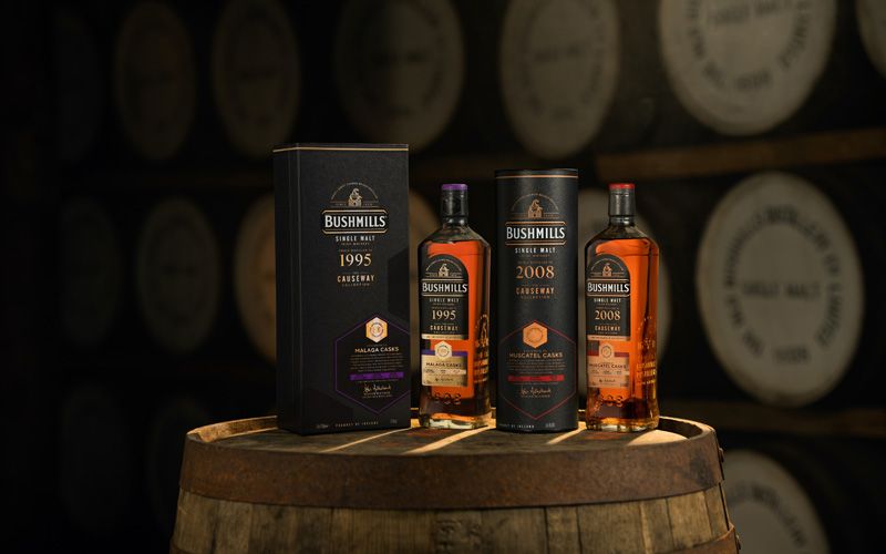 The 2008 Muscatel Cask and the 1995 Malaga Cask from The Causeway Collection. Credit: Bushmills Irish Whiskey