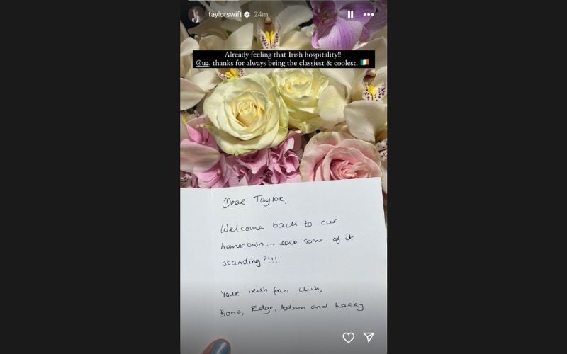 The note and flowers U2 sent to Taylor Swift upon her arrival in Dublin. (@taylorswift, Instagram)