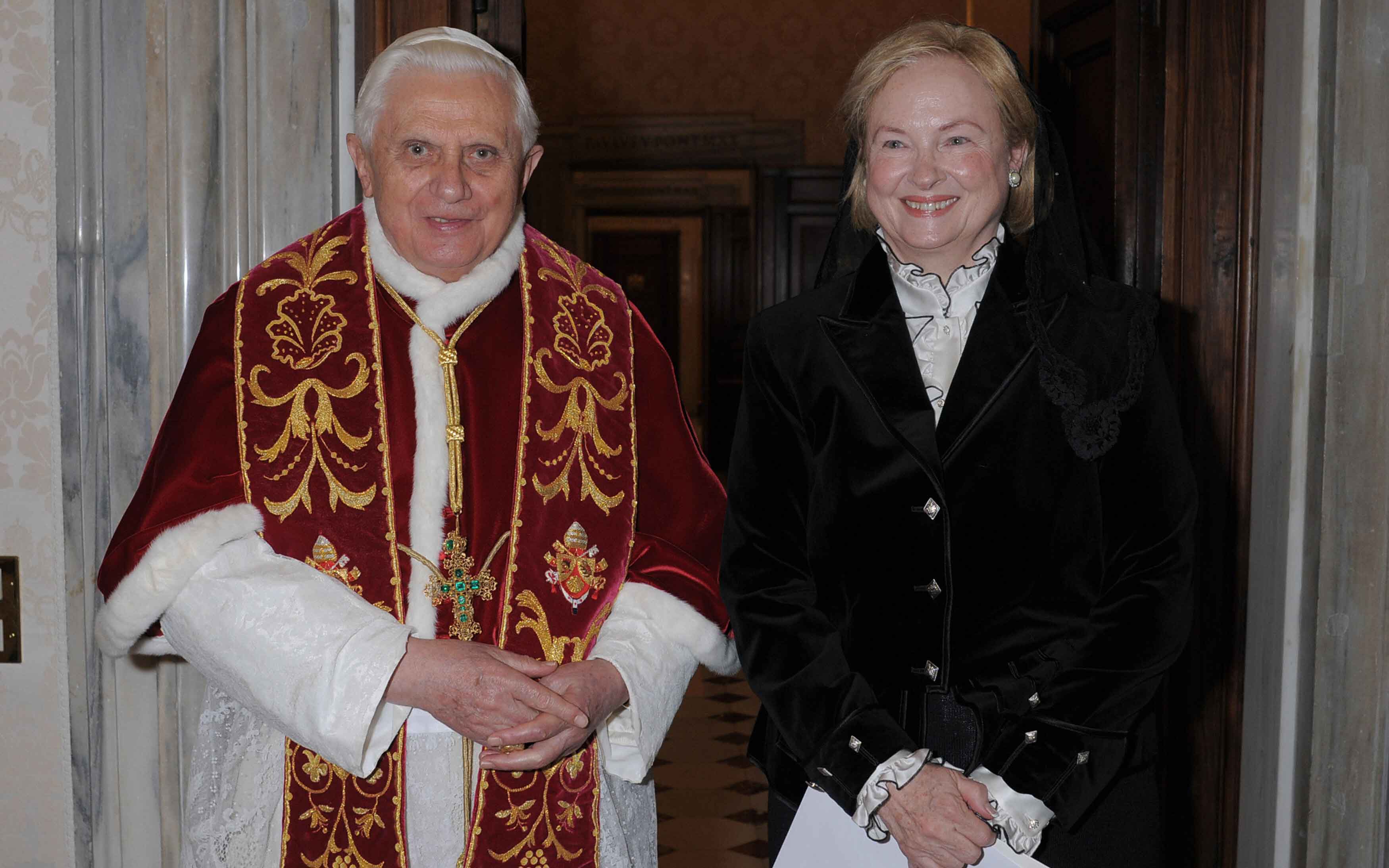 Pope Benedict XVI meets U.S. Ambassador to the Holy See Mary Ann Glendon during a private audience at the Vatican on February 29, 2008. (OSSERVATORE ROMANO/AFP/Getty Images)